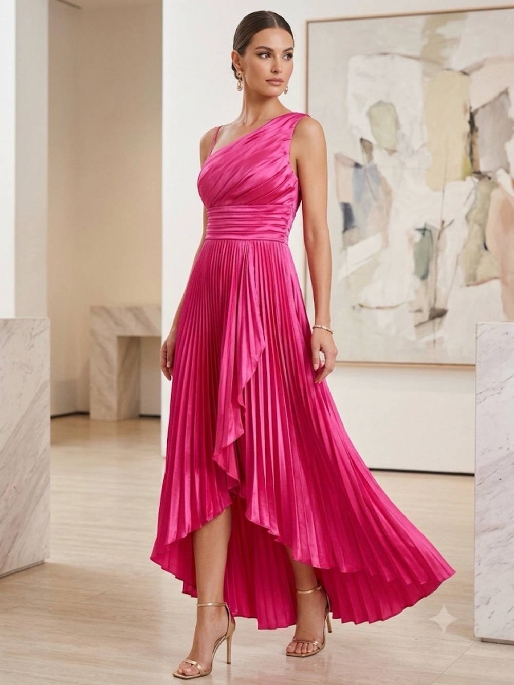 Elegant One-Shoulder Pink Pleated Midi Dress